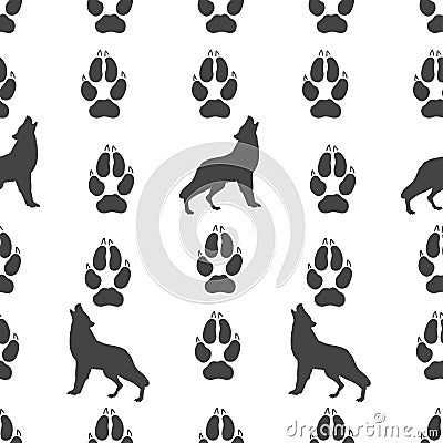 Gray footprint of wolf and silhouette wolf isolated seamless pattern on white background. Vector Cartoon Illustration