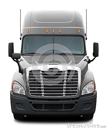 Gray Freightliner Cascadia truck with black plastic bumper. Stock Photo