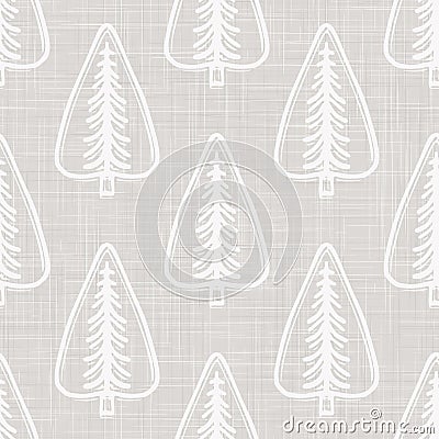 Gray French Linen Texture Background printed with White Winter Fir Tree. Natural Unbleached Ecru Fibre Christmas Vector Illustration