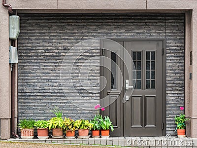 Gray front door with small square decorative windows and flower pots in fron of it Stock Photo