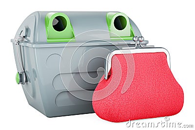 Gray garbage container with coin purse. 3D rendering Stock Photo