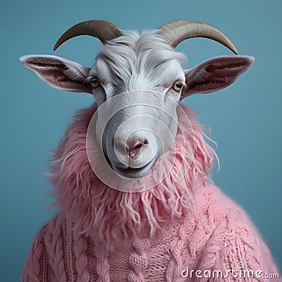 Gray goat with horns and snuffbox in a knitted pink sweater on a blue background. Pastel tones. Stock Photo