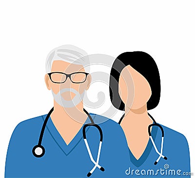 The gray-haired doctor in glasses and Woman doctor with a stethoscope Vector Illustration