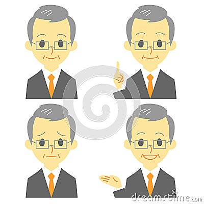 Gray haired man in suit, expressions Vector Illustration