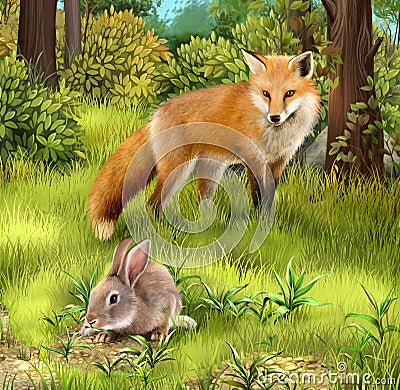 Gray hare eating grass. Hunting fox in the forest. Stock Photo