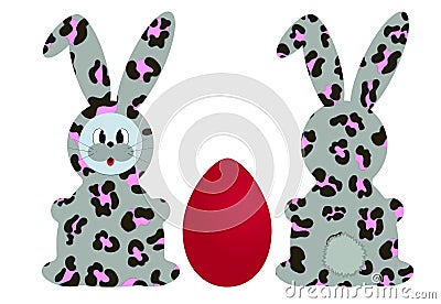 Gray hare with leopard pink spots in front and back and red egg Vector Illustration