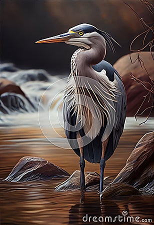 Gray heron, perched on the bank of a river. Stock Photo