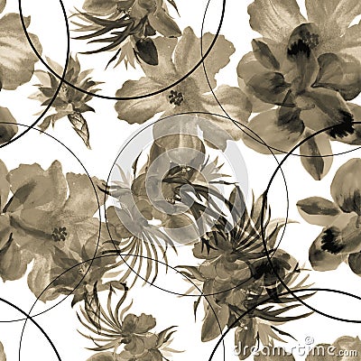 Gray Hibiscus Leaf. Brown Watercolor Illustration. Colorless Seamless Painting. Flower Wallpaper Pattern Backdrop. Tropical Illust Stock Photo