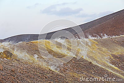 Gray Hydrogen Volcano and Volcano Craters on Vulcano Island, Lipari, Italy. Sunset, Gas, Sulfur, Poisonous Pairs, Evaporation Stock Photo