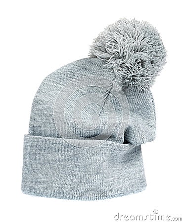 Gray knitted hat, warm woolen accessory. Isolated Stock Photo