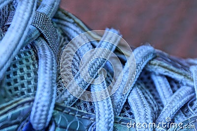 Gray laces laced on the fabric on the sneaker Stock Photo