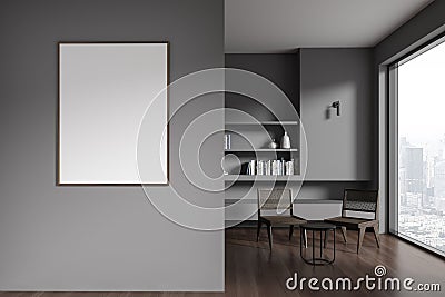 Gray living room interior with bookshelves and poster Stock Photo