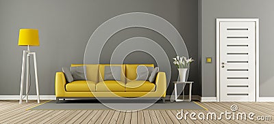 Gray living room with yellow sofa Stock Photo