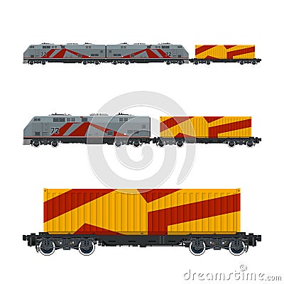 Gray Locomotive with Orange Cargo Container Vector Illustration