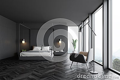 Gray master bedroom interior with armchair Stock Photo