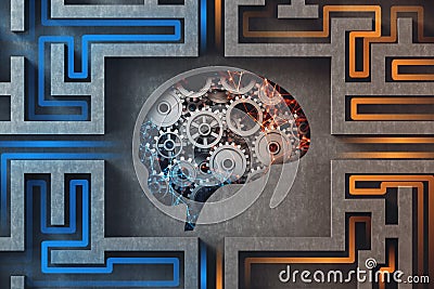 Gray maze with mechanic brain Stock Photo
