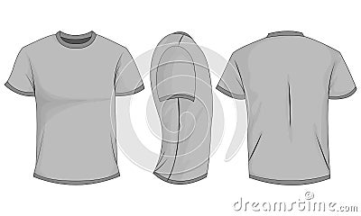 Gray mens t-shirt with short sleeves. Front, back, side view. Isolated on white background Vector Illustration