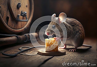 Gray mice snack on cheese in the pantry, despite the danger of falling into a mousetrap. Generative AI Cartoon Illustration