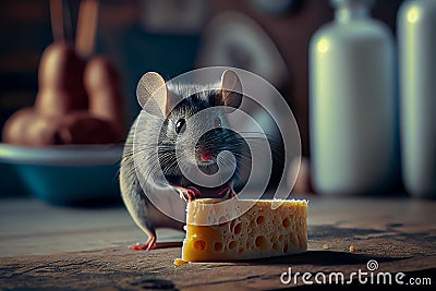 A gray mouse and a piece of cheese on the kitchen table Stock Photo