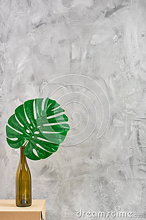 Gray neutral background, vertical frame, monstera leaf on a cardboard table in a bottle, selective focus Stock Photo