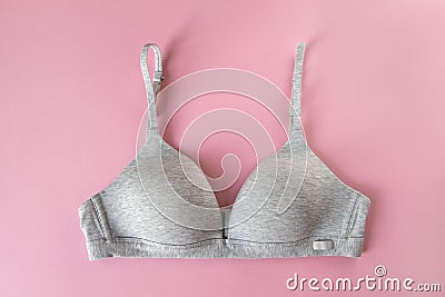 Gray organic or recycled cotton bra on pastel pink background, top view, copy space, flat lay. Concept of femininity, comfort, Stock Photo