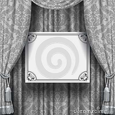 Gray ornamental curtain with a suspended white sign with retro f Vector Illustration