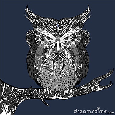 Gray Owl with white ornament Vector Illustration