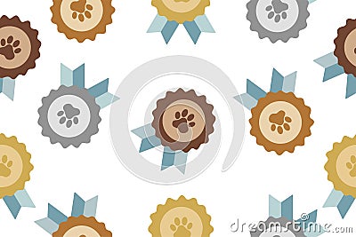 Gray Pet award symbol icon isolated on seamless pattern. Badge with dog or cat paw print and ribbons. Pet show winner Vector Illustration