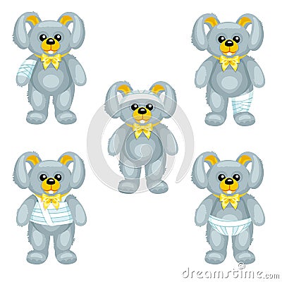 Gray plush bunny with bandages around the different parts of its body Vector Illustration