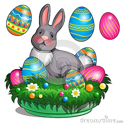 Gray plush bunny lies on grass mat with colored painted Easter eggs. Vector Illustration