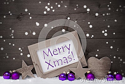 Gray Purple Christmas Decoration Text Merry Xmas, Snowflakes Stock Photo