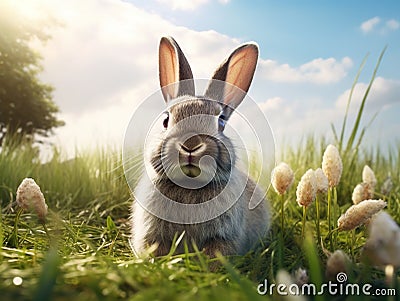 Gray rabbit on grass Cartoon Illustration