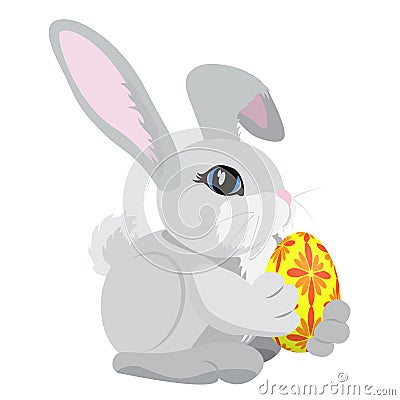 The gray rabbit holding a yellow and red colored Easter egg isolated on white. Vector Illustration