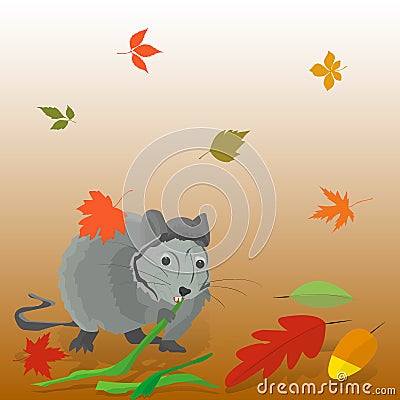 Gray rat nibbles on bamboo in autumn, fall leaves Vector Illustration
