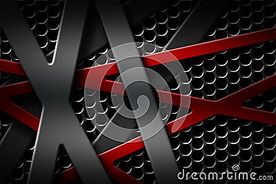 Gray and red metal frame on black grille background. Cartoon Illustration