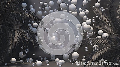 Gray room. Glass circle shape and white balls. Abstract illustration, 3d render Cartoon Illustration