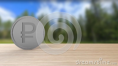 Gray ruble coin Isolated over forest trees blur. 3d render isolated illustration, business, managment, risk, money, cash, growth, Cartoon Illustration