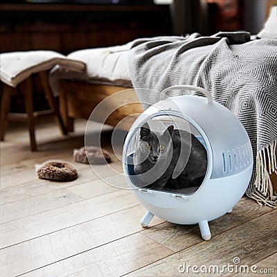 a gray Russian blue cat lies in Sphere Cat bed for cats, against the background of the bedroom Stock Photo