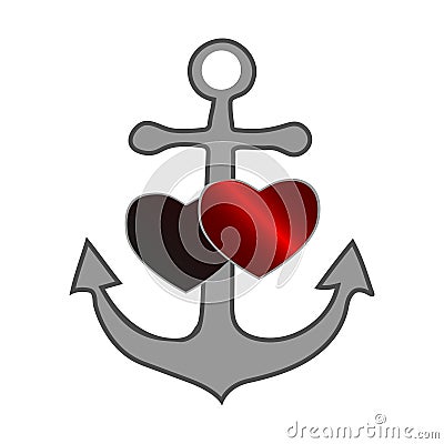 Gray sea anchor with a red and black heart symbolizing love and romance, a honeymoon trip or a love of boating and yachting Cartoon Illustration