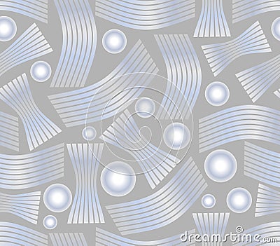 Gray seamless background with silver abstract cambered metallic elements, stripes and circles Vector Illustration