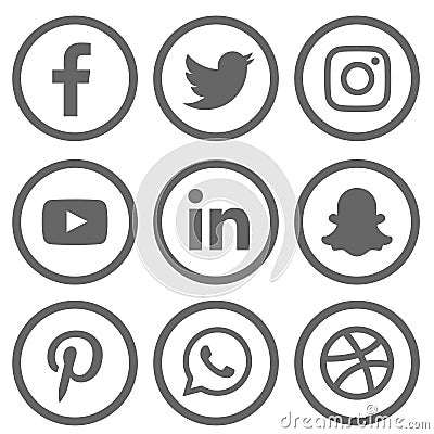 Gray shade Social media logo set of facebook twitter instagram pinterest whatsapp dribble you-tube linked in and snap-chat Vector Illustration