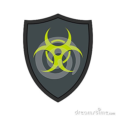 Gray shield with a biohazard sign icon, flat style Vector Illustration