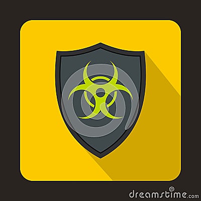 Gray shield with a biohazard sign icon, flat style Vector Illustration