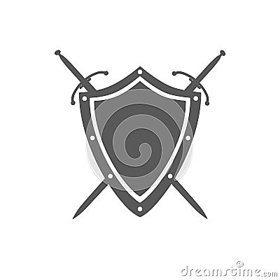 Gray shield and two crossed swords under it isolated on white background Vector Illustration