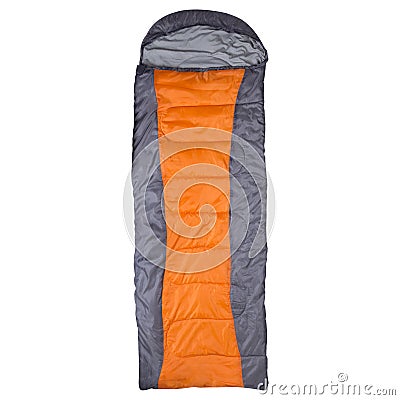 Gray sleeping bag with orange stripe arranged on white background, oriented vertically, isolate Stock Photo