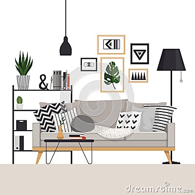 Gray sofa with a coffee table and rack with a floor lamp in Scandinavian style. With pictures, plants and pillows Vector Illustration