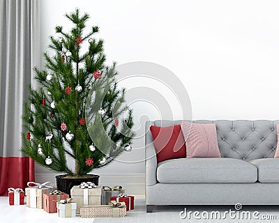 Gray sofa near the Christmas tree Cartoon Illustration