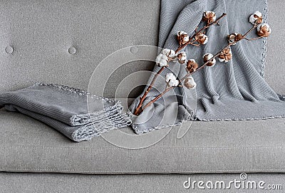 On the gray sofa there are a few gray plaids Stock Photo