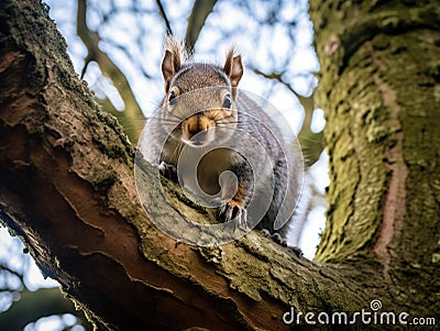 Gray squirrel climbs down tree Cartoon Illustration