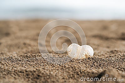 Gray stone in the form of heart lies on sand. Stock Photo